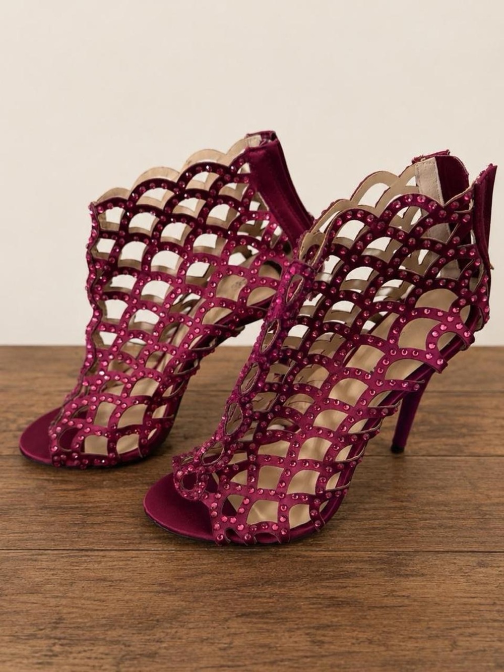 Zigi Soho Scalloped Cutout Studded High Heel Sandals in Burgundy